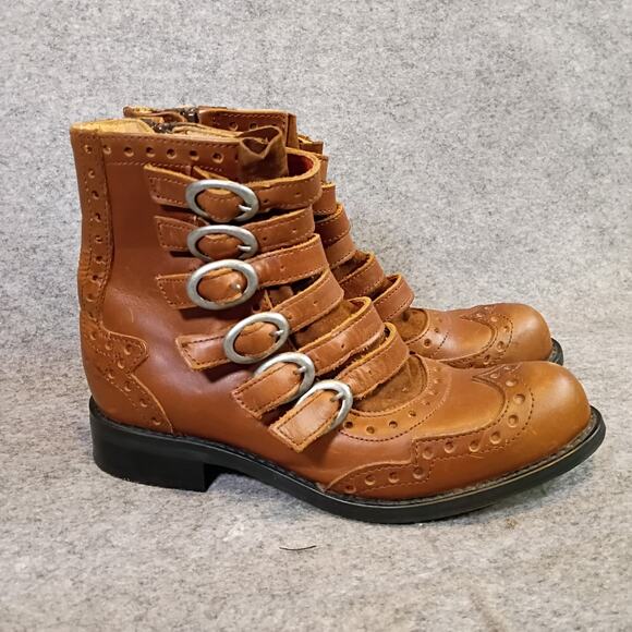 John Fluevog Womens 6 Multi-Strap Buckle Brogue Ankle Boots Caramel Leather - Picture 2 of 14